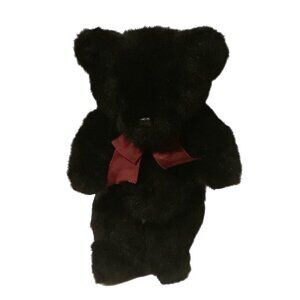 Vtg Acclaim Black Plush Jointed Teddy Bear Red Ribbon 15” Korea Collins Co